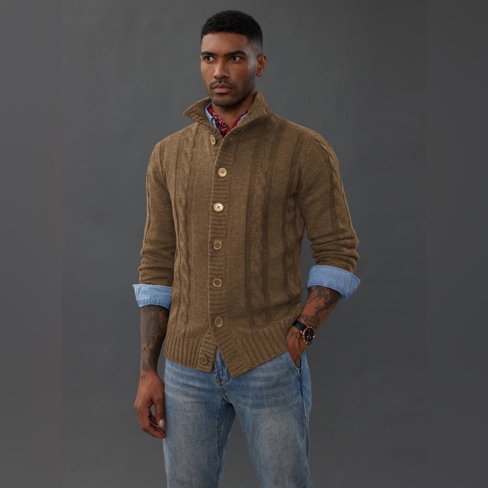 PJ Paul Jones Mens Cable Knit Cardigan Medium Brown Academia Preppy Cottagecore